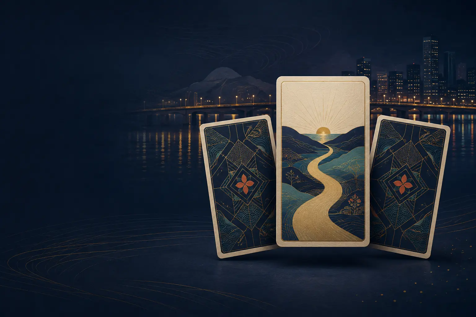 Ba lá bài Tarot với con đường hướng về bình minh trên nền Seoul