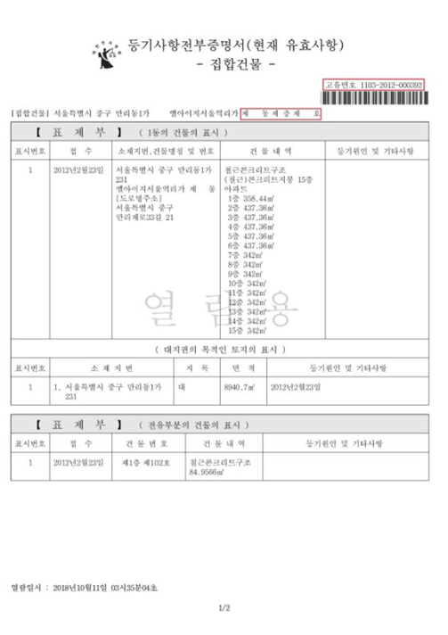 Ví dụ một bản 등기사항전부증명서