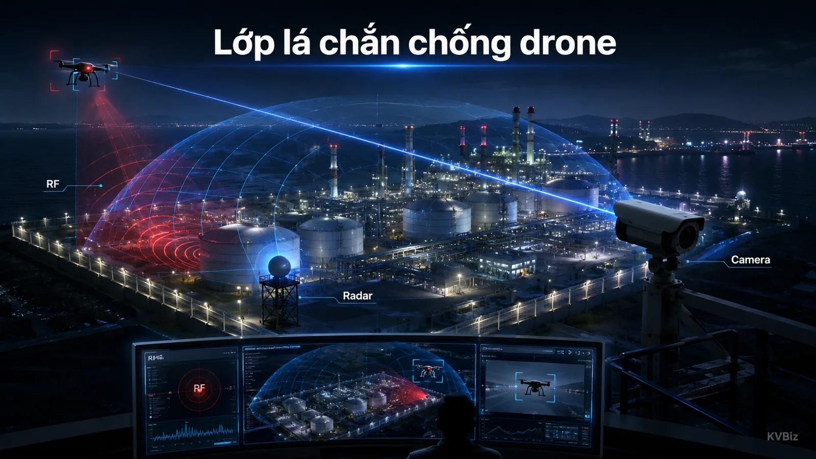 Lớp giám sát trên không cho khu công nghiệp và kho nhiên liệu — nơi một vật thể bay không xác định là vấn đề an ninh.
