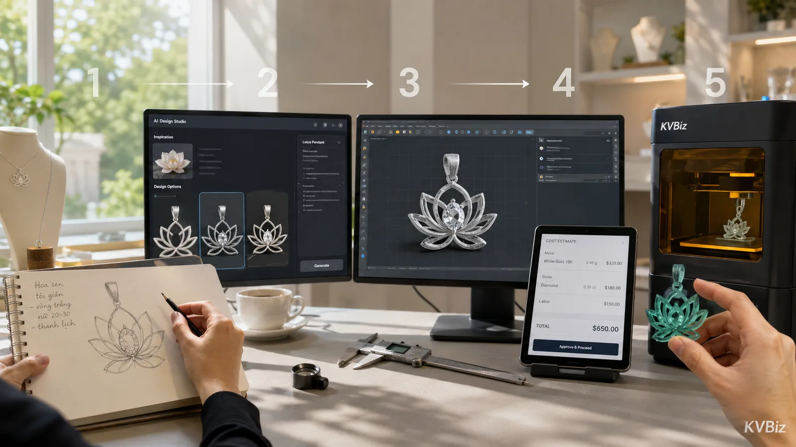 Năm bước từ ý tưởng, AI thiết kế, 3D CAD, tính giá đến file sản xuất trang sức