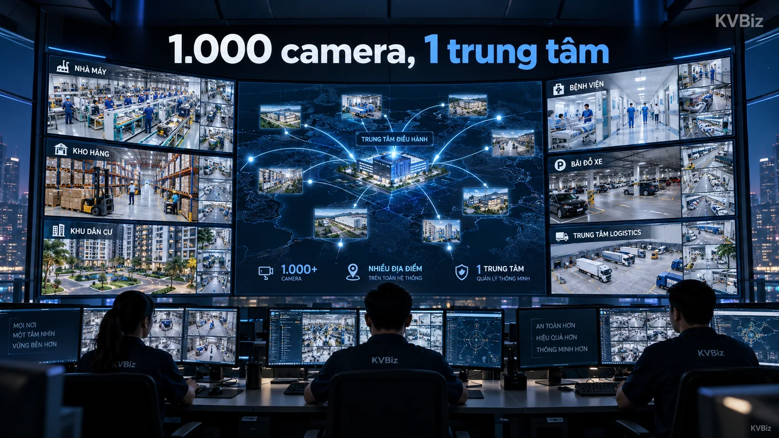 Ảnh minh họa editorial KVBiz: hàng nghìn camera từ nhiều địa điểm (nhà máy, kho hàng, bãi xe, bệnh viện, khu dân cư) gom về một trung tâm điều hành.
