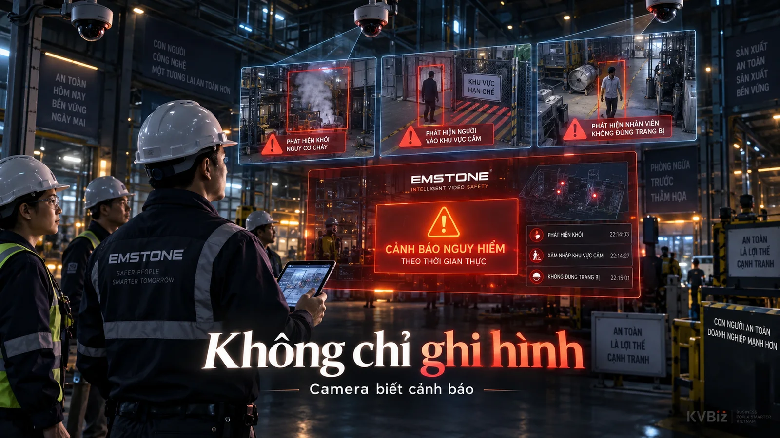 Ảnh minh họa editorial KVBiz: camera EMSTONE không chỉ ghi hình mà phát hiện khói, người vào khu vực cấm hay không đúng trang bị và cảnh báo theo thời gian thực.