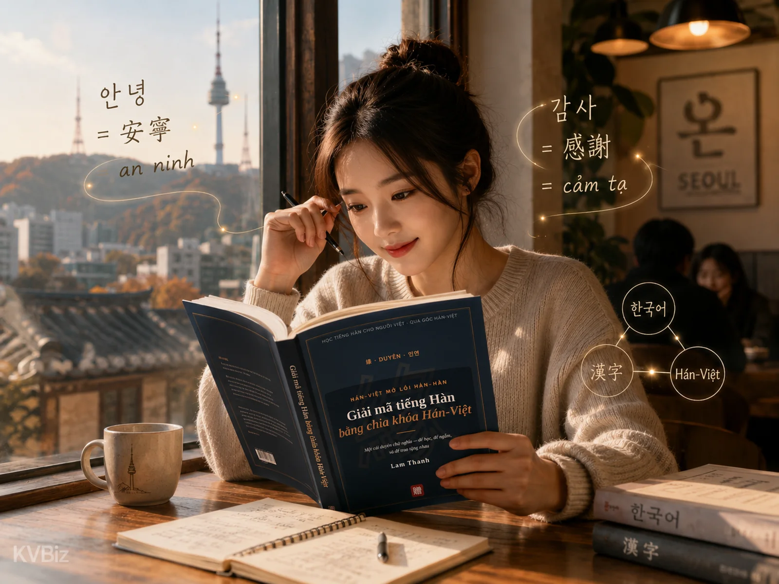 Ảnh minh họa editorial do KVBiz thực hiện: 안녕 và 감사 khi được truy về gốc Hán–Việt.