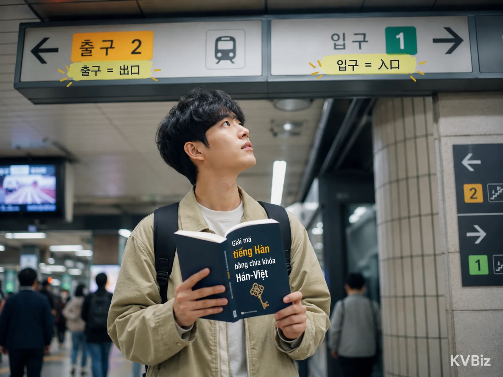 Ảnh minh họa editorial do KVBiz thực hiện: biển 출구 và 입구 trong ga tàu điện ngầm nhìn qua lăng kính Hán–Việt.