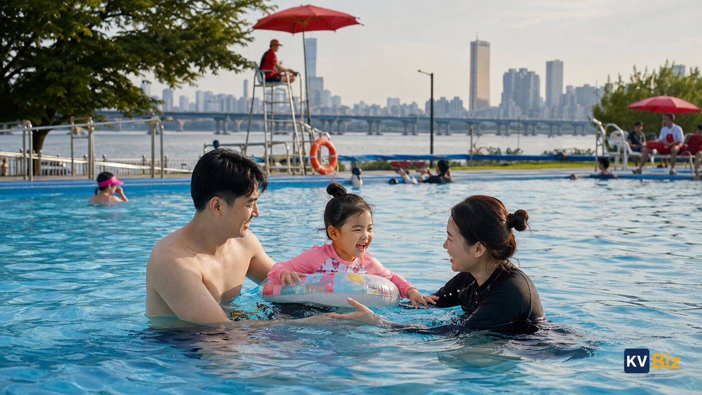 Ảnh minh họa gia đình vui chơi tại hồ bơi ven sông Hàn vào mùa hè