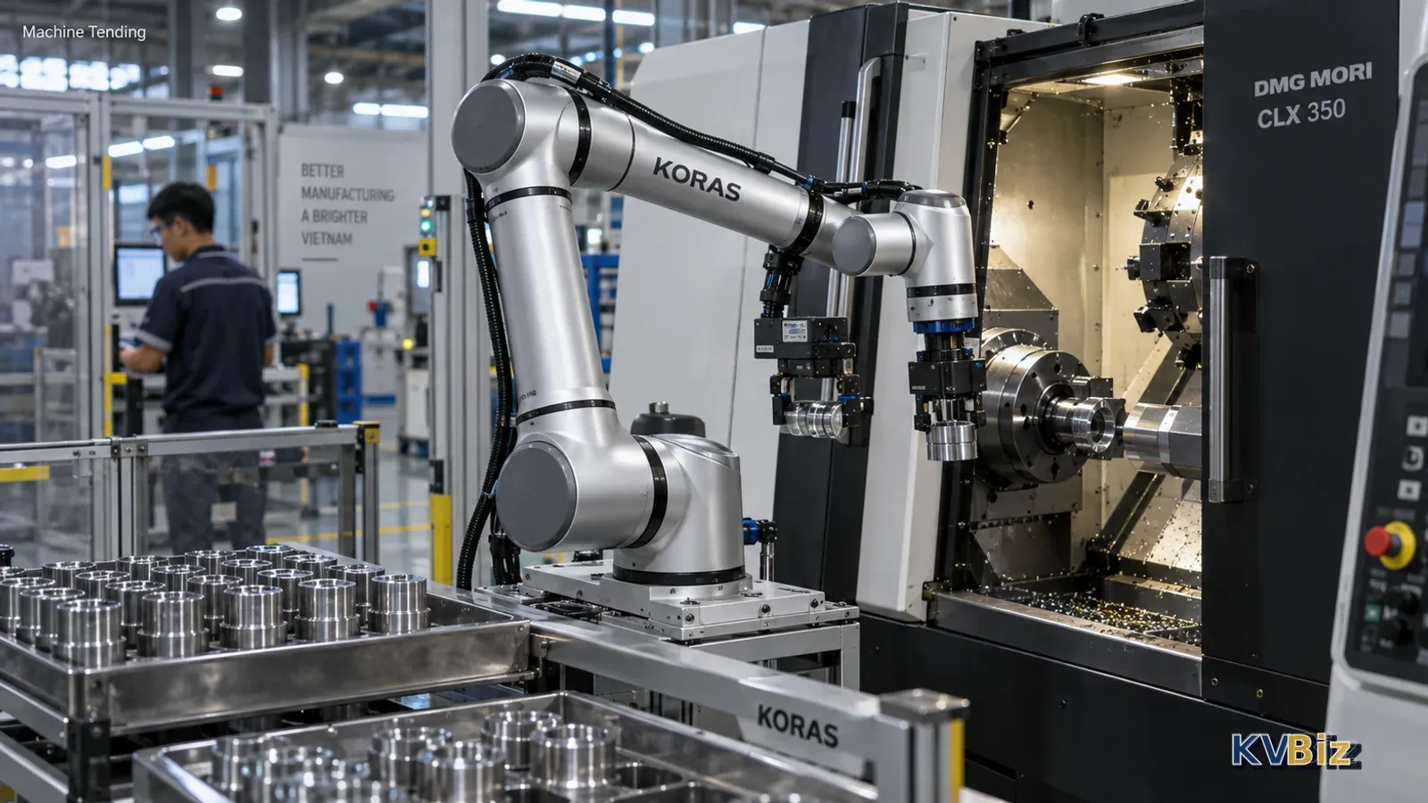 Machine tending: robot lấy phôi từ khay, đưa vào máy tiện CNC và lấy thành phẩm ra — công đoạn lặp lại nhiều lần mỗi ca.
