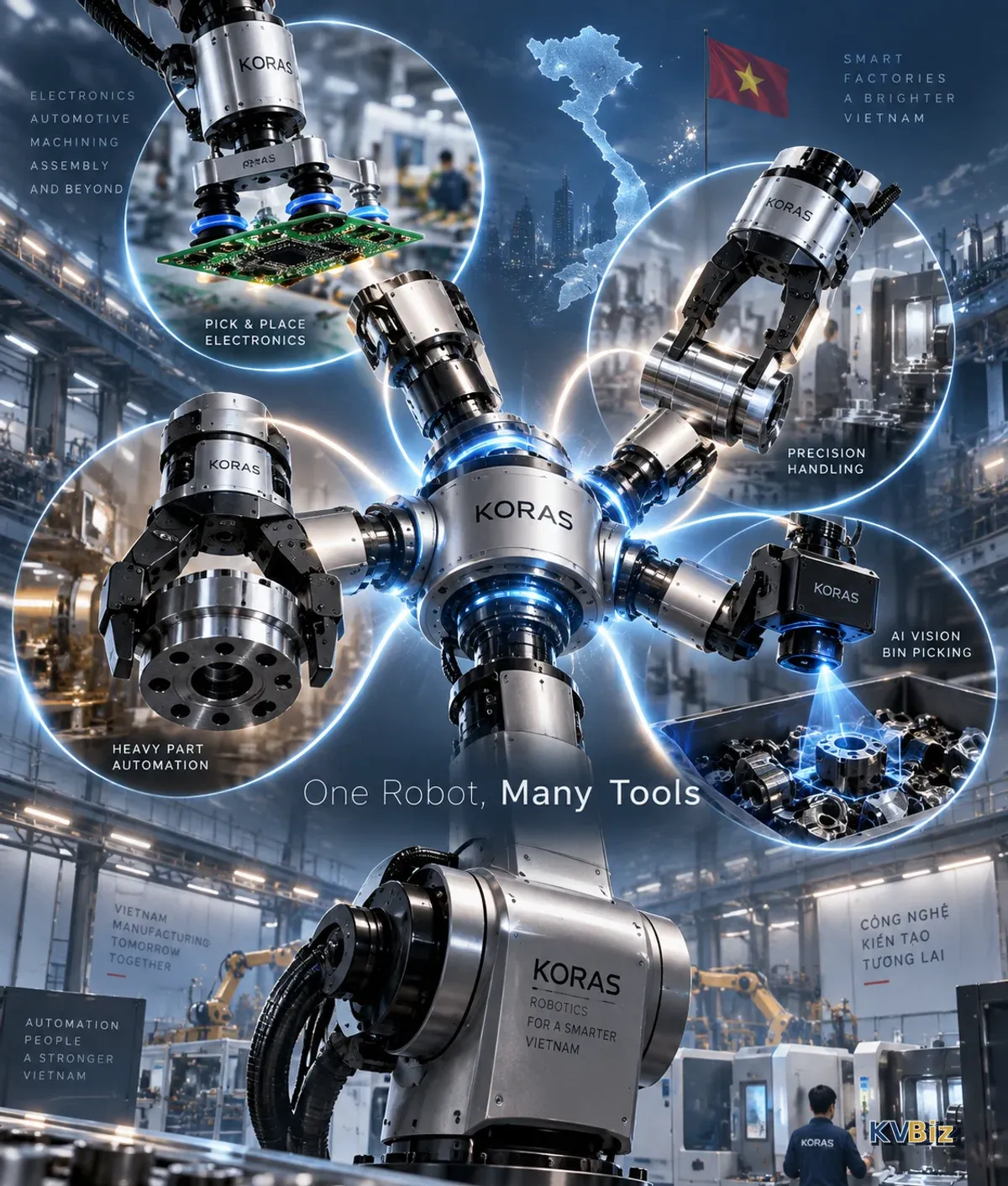 Các nhóm ứng dụng KORAS giới thiệu: pick & place điện tử, precision handling, heavy part automation và AI vision bin picking.