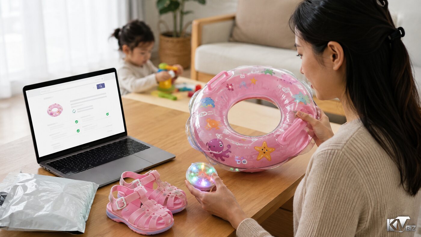 Ảnh minh họa phụ huynh đối chiếu sản phẩm trẻ em mua trực tiếp từ nước ngoài với cổng an toàn