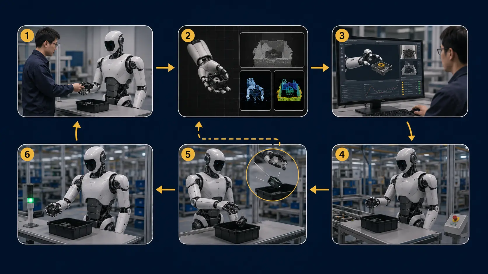 Một kỹ năng robot được tạo ra qua vòng lặp: con người làm mẫu, dữ liệu được làm sạch, robot học, thử trong nhà máy rồi thu lại lỗi để học tiếp.