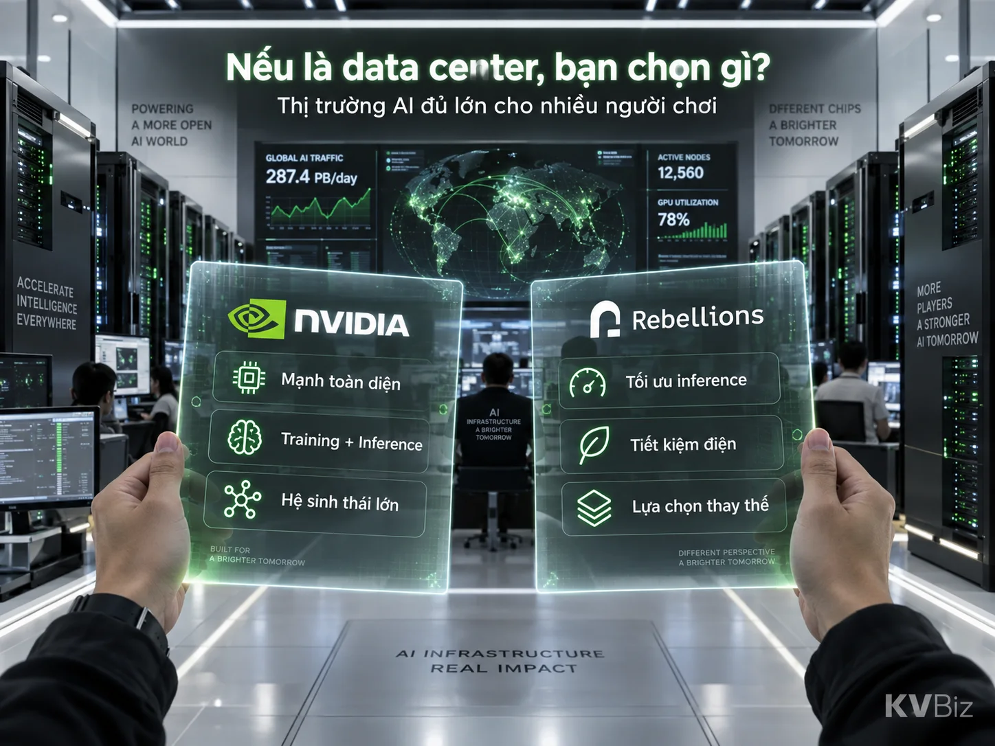 Với một data center, lựa chọn không phải là “ai mạnh hơn” mà là mỗi bài toán nên chạy trên loại chip nào. Đồ họa minh họa của KVBiz.