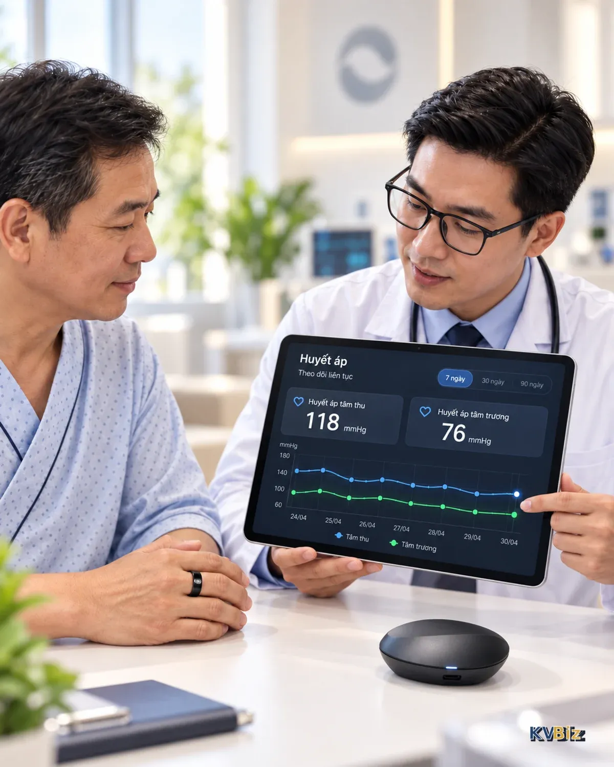 Ảnh minh họa: dữ liệu huyết áp thu thập liên tục được đưa lên màn hình để bác sĩ và người bệnh cùng nhìn xu hướng.