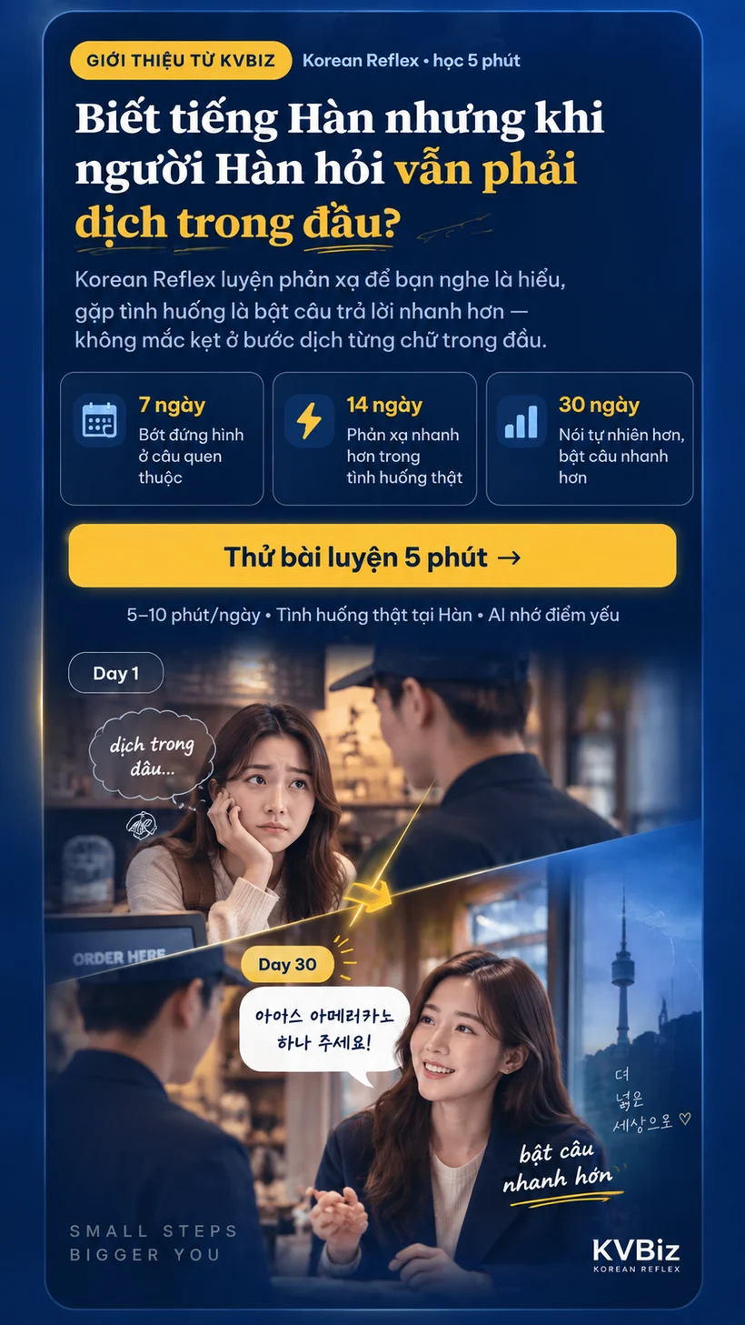 Korean Reflex: biết tiếng Hàn nhưng khi người Hàn hỏi vẫn phải dịch trong đầu? Luyện phản xạ 5 phút mỗi ngày, khác biệt sau 30 ngày.