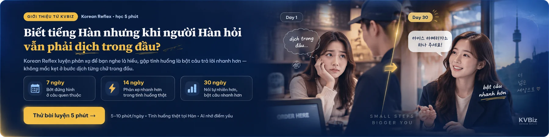 Korean Reflex: biết tiếng Hàn nhưng khi người Hàn hỏi vẫn phải dịch trong đầu? Luyện phản xạ 5 phút mỗi ngày, khác biệt sau 30 ngày.
