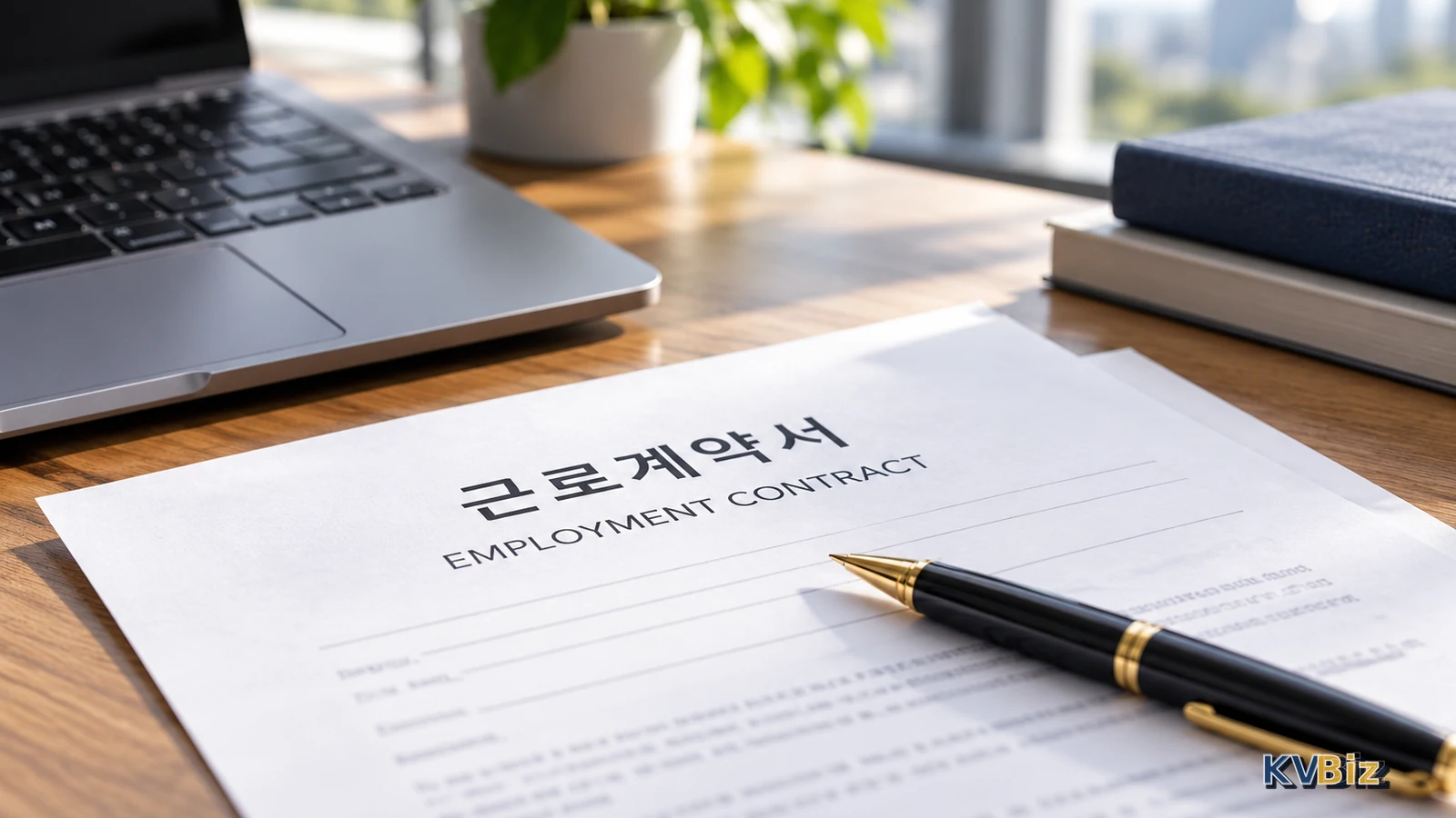 Hợp đồng lao động tiếng Hàn và bút trên bàn