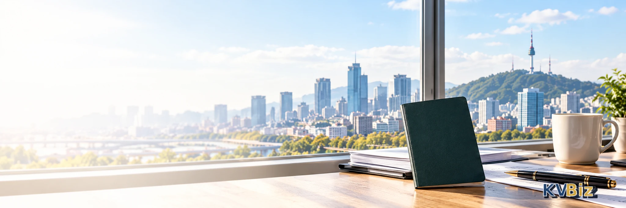 Minh họa hộ chiếu và hồ sơ bên cửa sổ nhìn ra Seoul