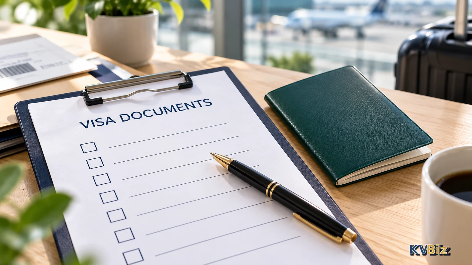 Bảng kiểm hồ sơ visa cùng hộ chiếu và bút